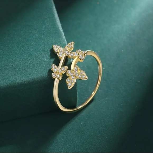 925 Sterling Silver Butterfly Open Adjustable Golden Plated Ring. - Picture 5 of 6